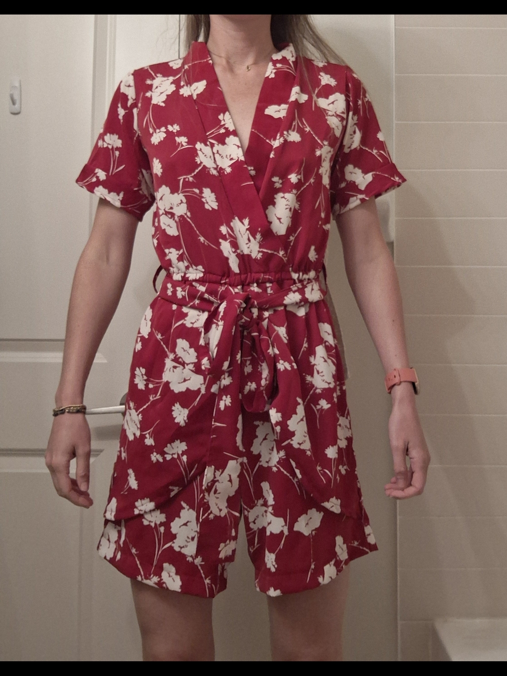 Red Floral Wrap Romper with Tie Waist
